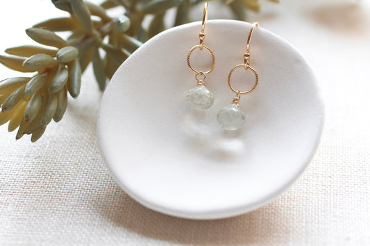 A pair of gold drop earrings with circular hoops and faceted pale green gemstones, displayed on a small white dish with a green plant in the background.